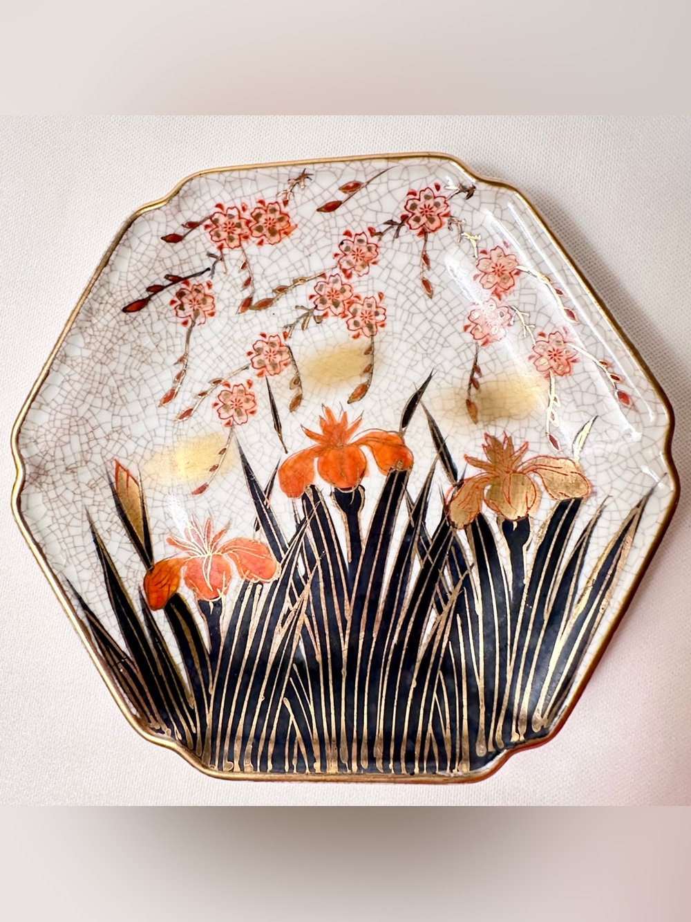 Vintage Collectible TOYO Japan Irises And Cherry Blossoms Hexagonal Wall Plate